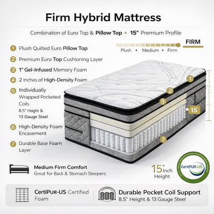 15" Premium Firm Hybrid Mattress – Euro Top & Pillow Top